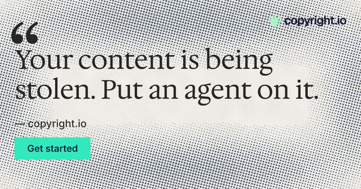 Social ad for copyright.io: "Find your reposted work." Swiss style, quote layout, light palette in grey, yellow, white.