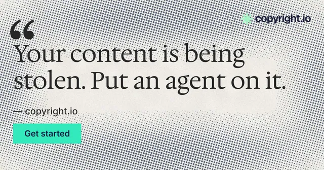 Social ad for copyright.io: "Find your reposted work." Swiss style, quote layout, light palette in grey, yellow, white.