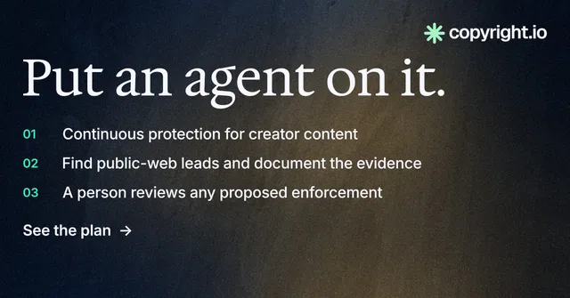 Social ad for copyright.io: "Put an agent on it." Minimal luxury style, numbered layout, dark palette in black, grey.