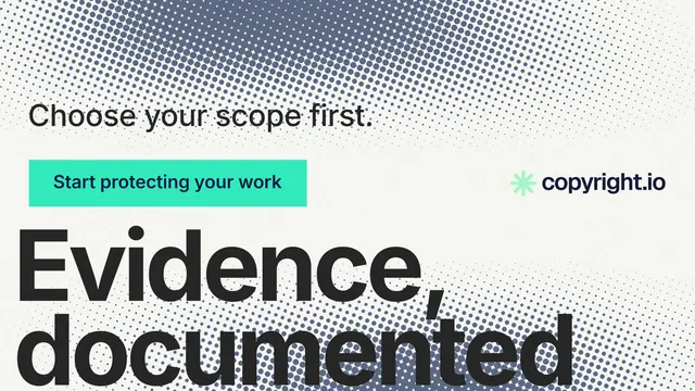 Landscape graphic for copyright.io: "Continuous protection for creators." Swiss style, oversized layout, light palette in grey, white, teal.