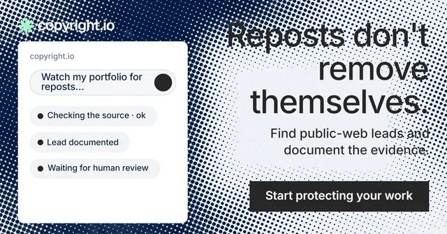 Social ad for copyright.io: "Reposts don't remove themselves." Swiss style, right layout, light palette in grey, blue, white.