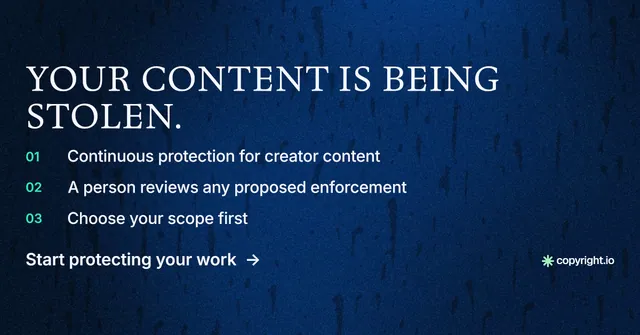 Social ad for copyright.io: "Your content is being stolen." Minimal luxury style, numbered layout, dark palette in blue, black.