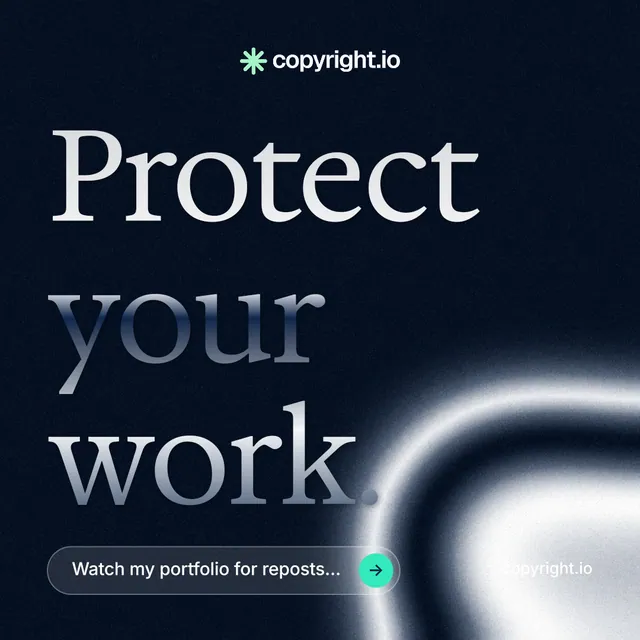 Instagram post for copyright.io: "Protect your work." Agentic glass style, poster layout, dark palette in black, blue, grey.