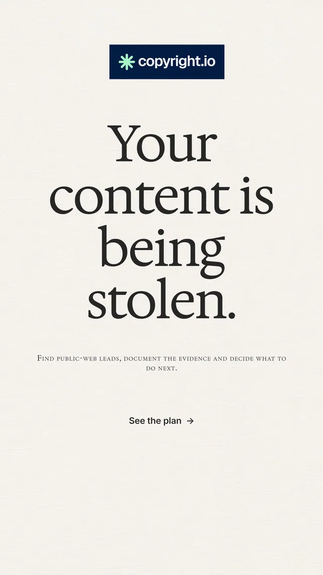 Instagram story for copyright.io: "Your content is being stolen." Editorial style, smallcaps layout, light palette in white, grey.