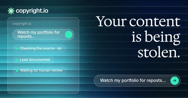 Social ad for copyright.io: "Your content is being stolen." Agentic glass style, right layout, dark palette in teal, black, blue.