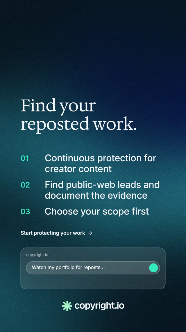 Instagram story for copyright.io: "Find your reposted work." Minimal luxury style, numbered layout, dark palette in blue, black, teal.