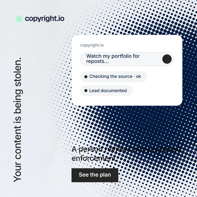 Instagram post for copyright.io: "Your content is being stolen." Split block style, vertical layout, light palette in white, blue, grey.