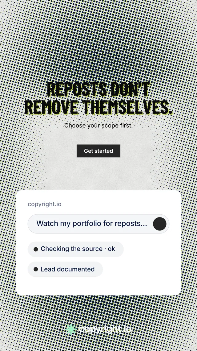 Instagram story for copyright.io: "Reposts don't remove themselves." Retro print style, centred layout, light palette in grey, white.