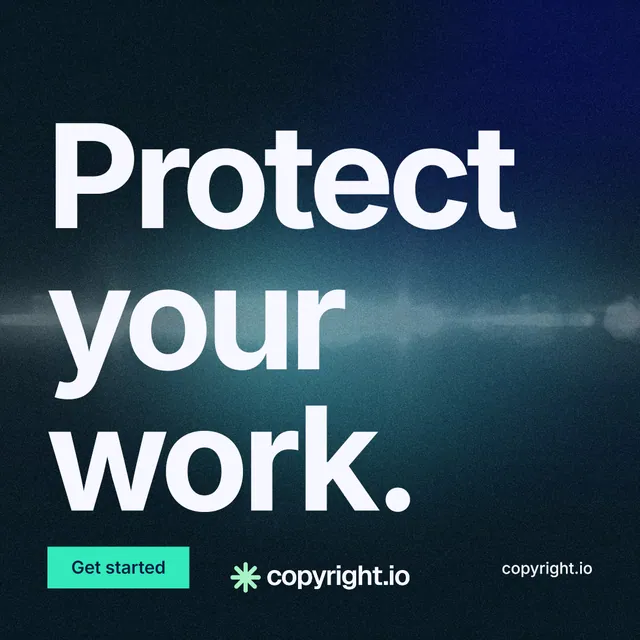Instagram post for copyright.io: "Protect your work." Swiss style, poster layout, dark palette in black, blue, teal.