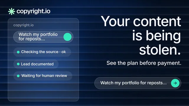 Landscape graphic for copyright.io: "Your content is being stolen." Agentic glass style, right layout, dark palette in black, blue, grey.