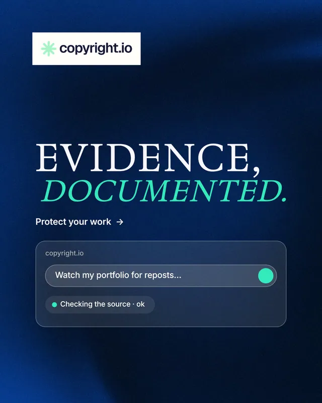 Instagram portrait post for copyright.io: "Evidence, documented." Minimal luxury style, stacked layout, dark palette in black, blue.
