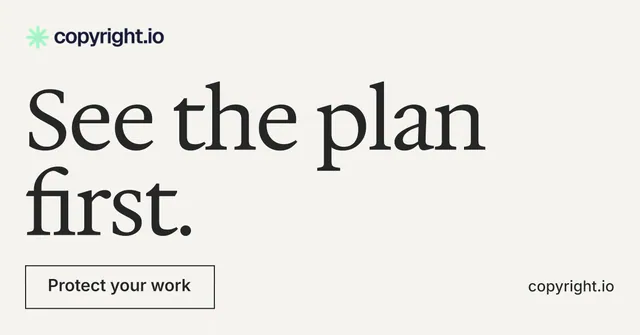 Social ad for copyright.io: "See the plan first." Editorial style, poster layout, light palette in white.