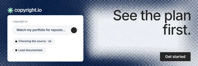 X header for copyright.io: "See the plan first." Swiss style, right layout, light palette in blue, grey, white.