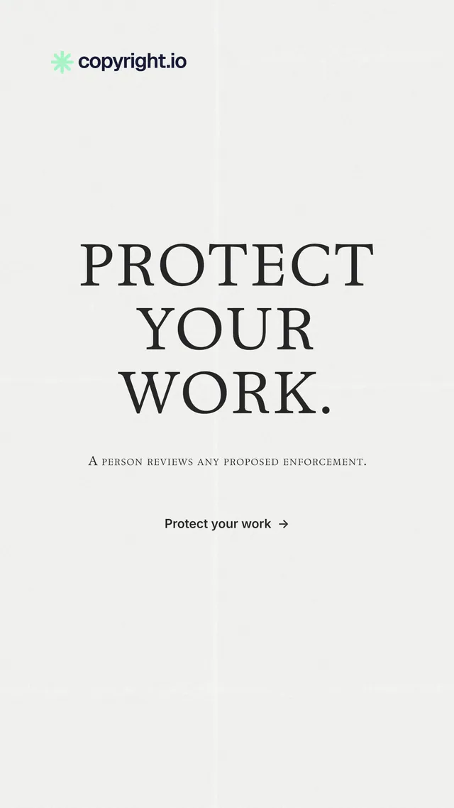 Instagram story for copyright.io: "Protect your work." Minimal luxury style, smallcaps layout, light palette in white.