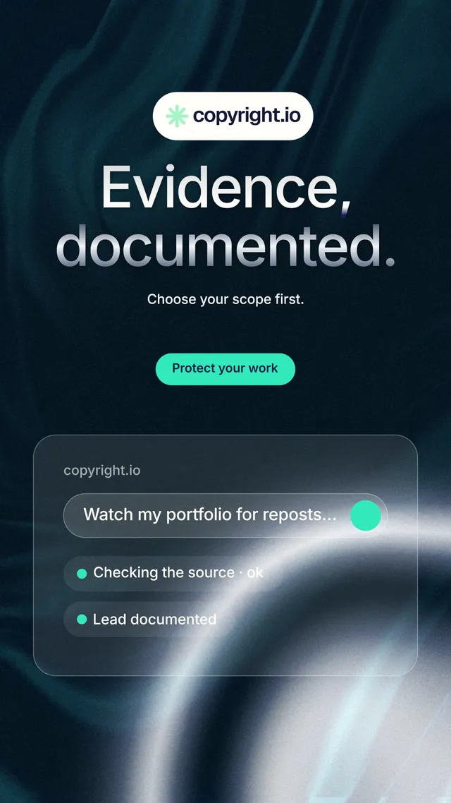 Instagram story for copyright.io: "Evidence, documented." Y2K style, centred layout, dark palette in blue, black, grey.
