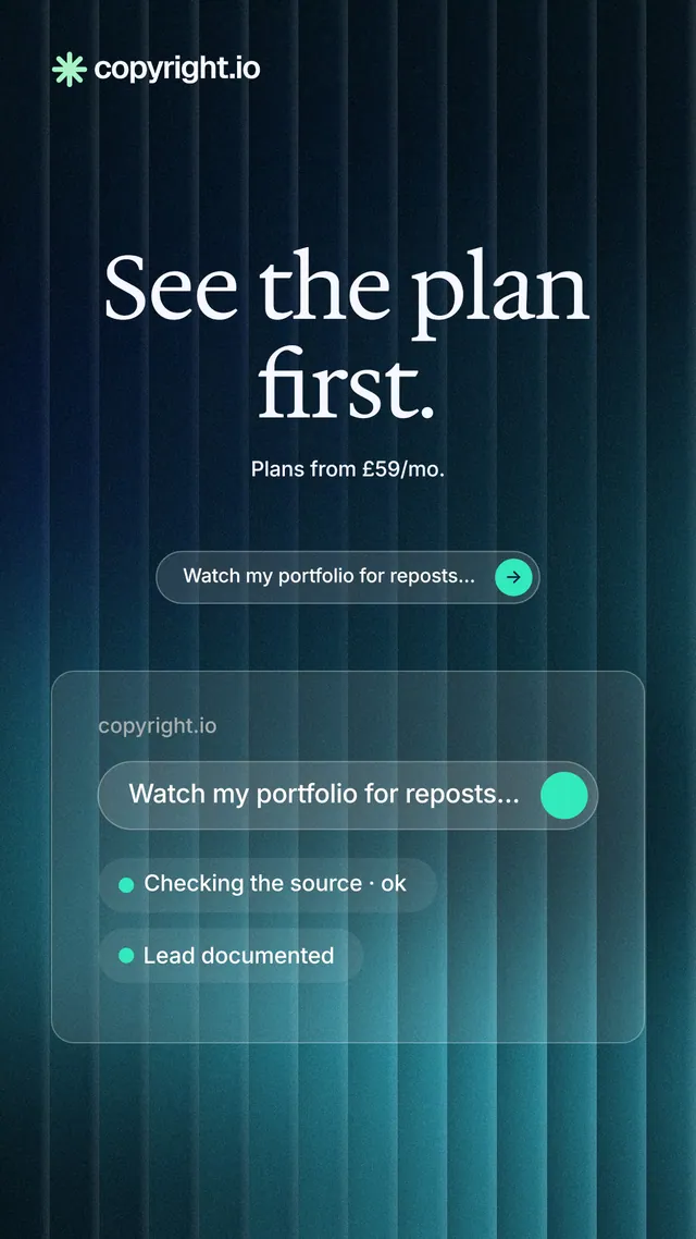 Instagram story for copyright.io: "See the plan first." Agentic glass style, centred layout, dark palette in teal, black, blue.
