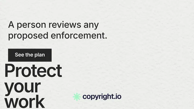 Landscape graphic for copyright.io: "Put an agent on it." Swiss style, oversized layout, light palette in white, grey.
