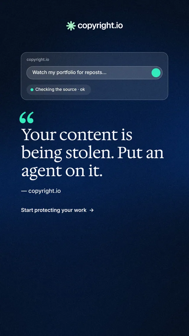 Instagram story for copyright.io: "Protect your work." Minimal luxury style, quote layout, dark palette in black, blue.