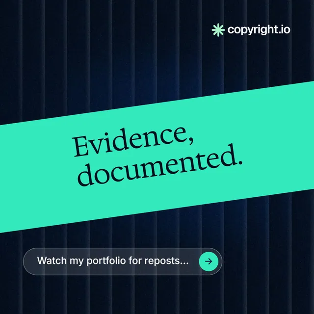 Instagram post for copyright.io: "Evidence, documented." Agentic glass style, diagonal layout, dark palette in black, teal.