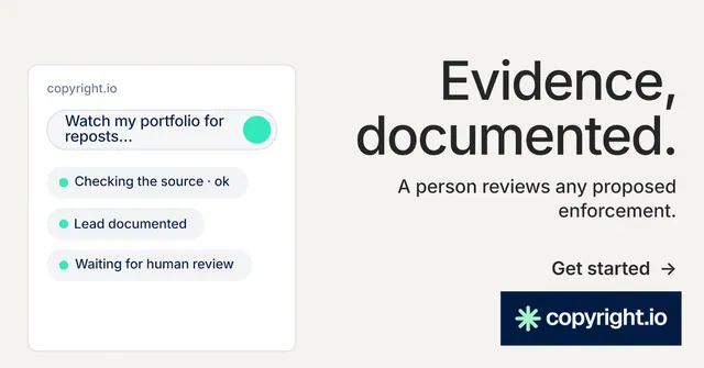 Social ad for copyright.io: "Evidence, documented." Minimal luxury style, right layout, light palette in white, grey.