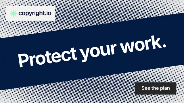 Landscape graphic for copyright.io: "Protect your work." Swiss style, diagonal layout, dark palette in blue, grey.