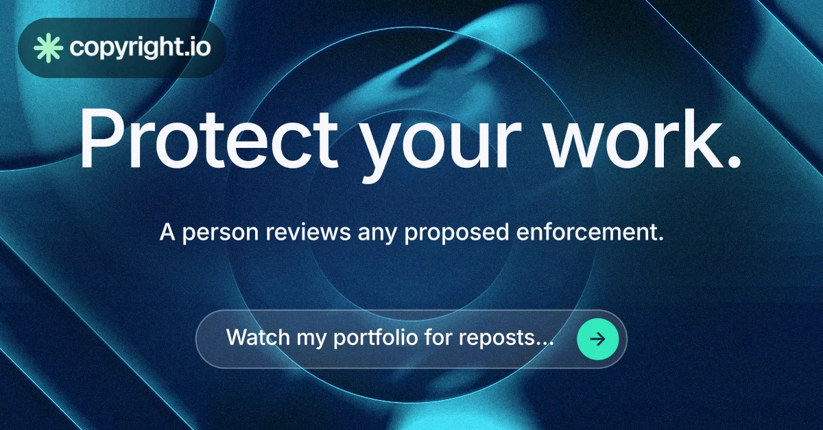 Social ad for copyright.io: "Protect your work." Agentic glass style, centred layout, dark palette in blue.