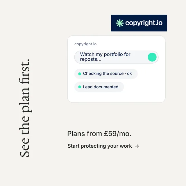 Instagram post for copyright.io: "See the plan first." Minimal luxury style, vertical layout, light palette in white, grey.