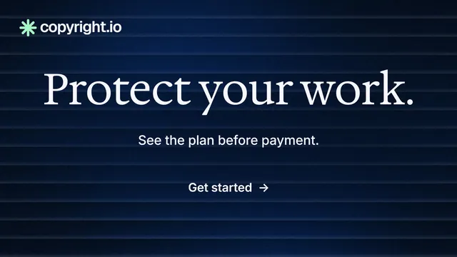 Landscape graphic for copyright.io: "Protect your work." Minimal luxury style, centred layout, dark palette in black, blue.
