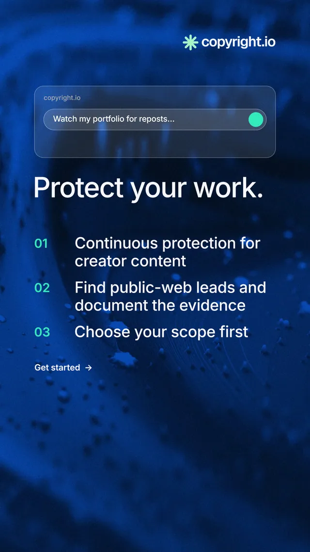 Instagram story for copyright.io: "Protect your work." Minimal luxury style, numbered layout, dark palette in blue, black.