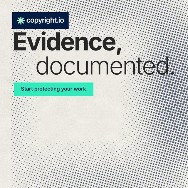 Instagram post for copyright.io: "Evidence, documented." Swiss style, stacked layout, light palette in grey, white, green.