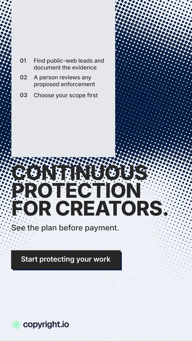 Instagram story for copyright.io: "Continuous protection for creators." Brutalist style, skeleton layout, light palette in white, blue, grey.
