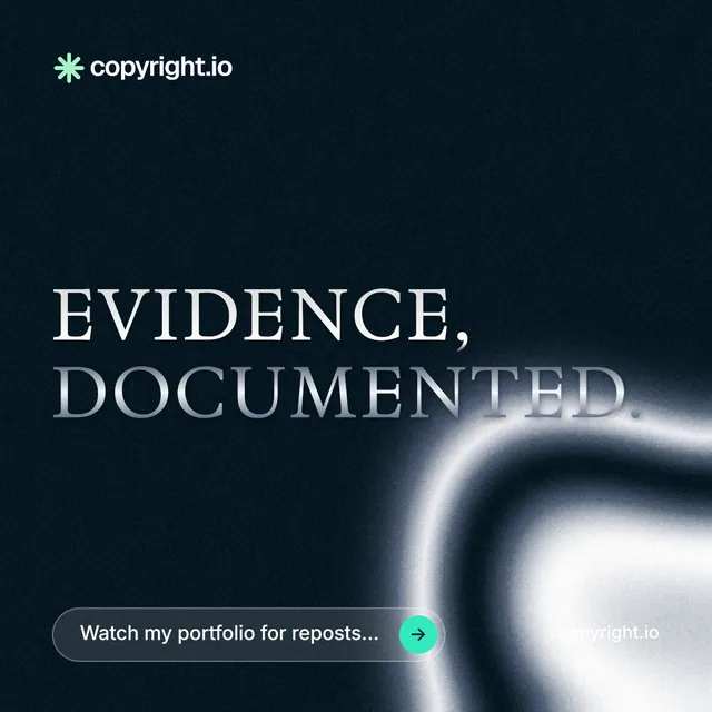 Instagram post for copyright.io: "Evidence, documented." Agentic glass style, poster layout, dark palette in black, blue, grey.