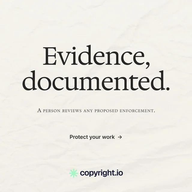 Instagram post for copyright.io: "Evidence, documented." Swiss style, smallcaps layout, light palette in white, grey.