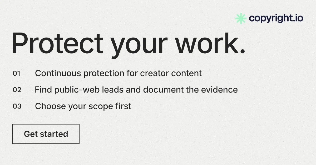 Social ad for copyright.io: "Protect your work." Editorial style, numbered layout, light palette in white, grey.