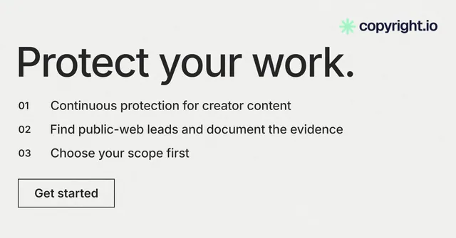 Social ad for copyright.io: "Protect your work." Editorial style, numbered layout, light palette in white, grey.