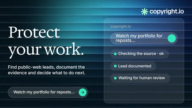 Landscape graphic for copyright.io: "Protect your work." Agentic glass style, bottom layout, dark palette in blue, black.