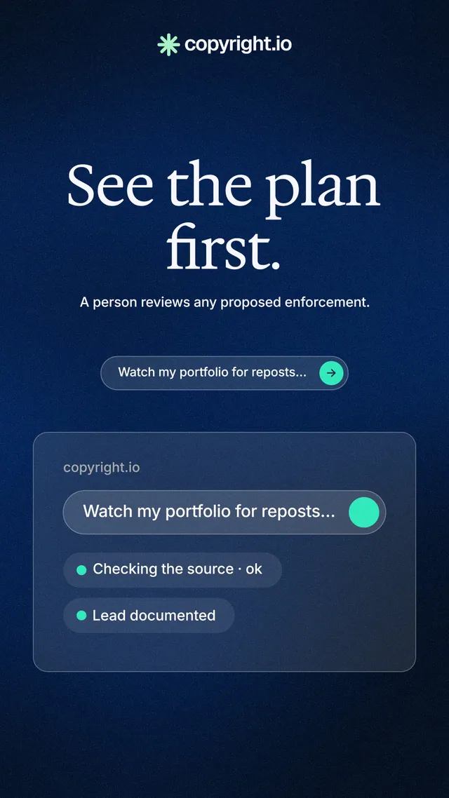 Instagram story for copyright.io: "See the plan first." Agentic glass style, centred layout, dark palette in blue, black.