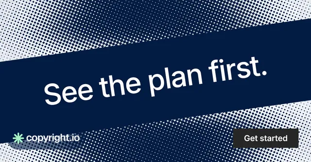 Social ad for copyright.io: "See the plan first." Retro print style, diagonal layout, dark palette in blue, grey.