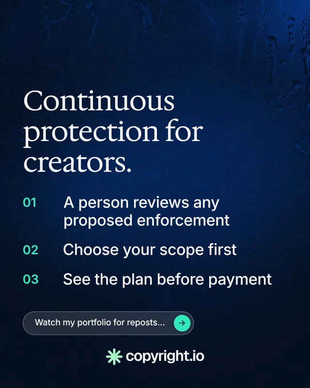 Instagram portrait post for copyright.io: "Continuous protection for creators." Agentic glass style, numbered layout, dark palette in blue, black.