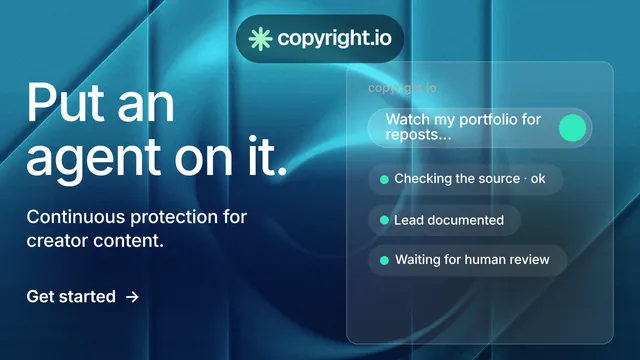 Landscape graphic for copyright.io: "Put an agent on it." Minimal luxury style, bottom layout, dark palette in blue, teal.
