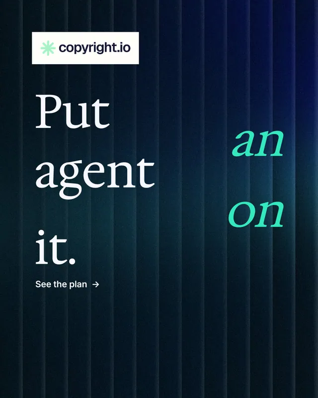 Instagram portrait post for copyright.io: "Put an agent on it." Minimal luxury style, stacked layout, dark palette in black, blue, grey.