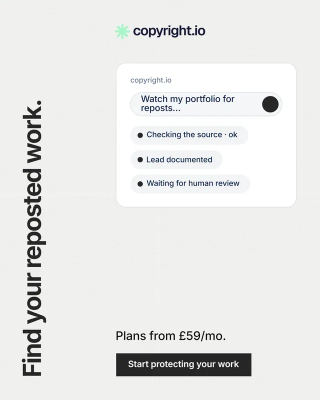 Instagram portrait post for copyright.io: "Find your reposted work." Swiss style, vertical layout, light palette in white, grey.