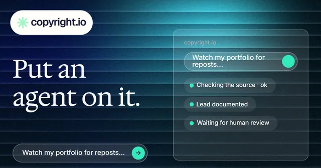 Social ad for copyright.io: "Put an agent on it." Agentic glass style, bottom layout, dark palette in blue, black, teal.