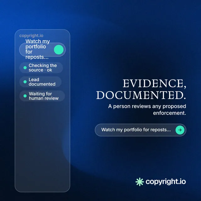 Instagram post for copyright.io: "Evidence, documented." Agentic glass style, right layout, dark palette in blue, black.