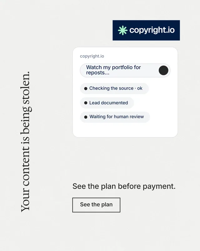 Instagram portrait post for copyright.io: "Your content is being stolen." Editorial style, vertical layout, light palette in white, grey.