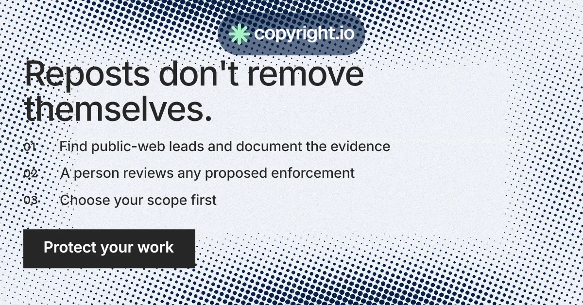 Social ad for copyright.io: "Reposts don't remove themselves." Split block style, numbered layout, light palette in white, blue, grey.