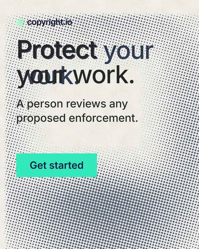 Instagram portrait post for copyright.io: "Protect your work." Retro print style, skeleton layout, light palette in grey, teal, white.