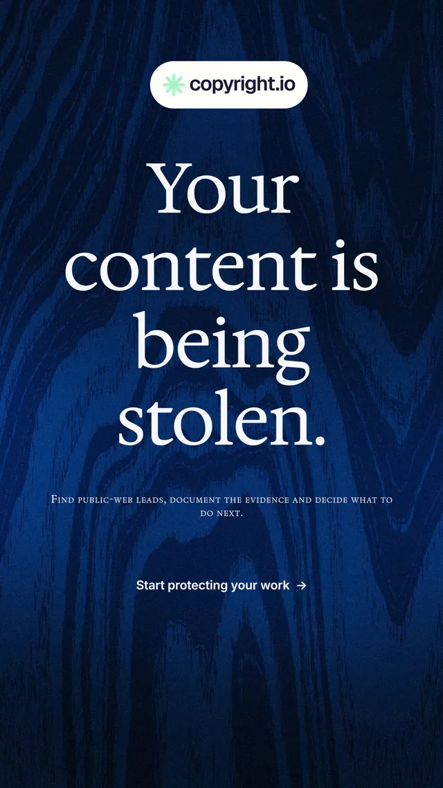 Instagram story for copyright.io: "Your content is being stolen." Agentic glass style, smallcaps layout, dark palette in black, blue, grey.