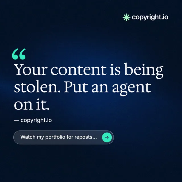Instagram post for copyright.io: "Put an agent on it." Agentic glass style, quote layout, dark palette in black, blue.