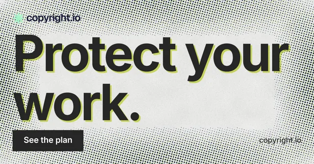 Social ad for copyright.io: "Protect your work." Swiss style, poster layout, light palette in grey, white.